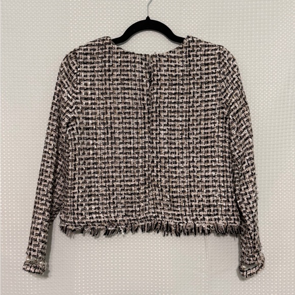 ZARA Boucle Tweed Textured Cropped Jacket Pearl Cuffs Frayed Hem Chic Blazer M - Picture 6 of 7